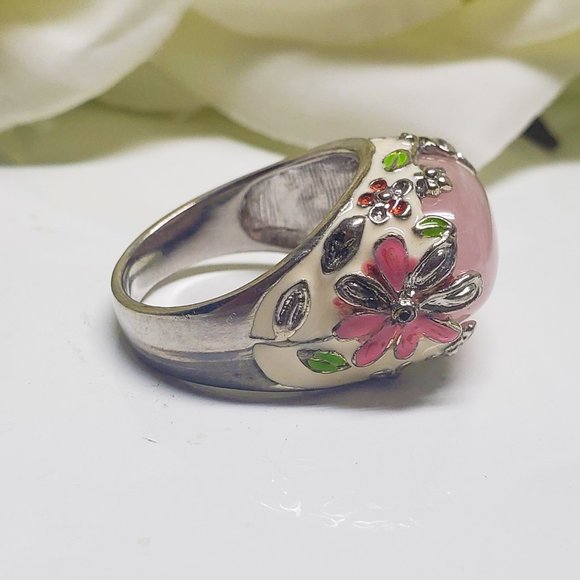 Vintage ring Rose Quartz stone with flowers design & silver band - Picture 5 of 10